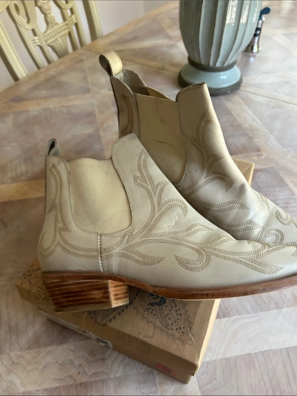 Cream Western Chevron Stitch Leather Ankle Boots Free People - Picture 2 of 4